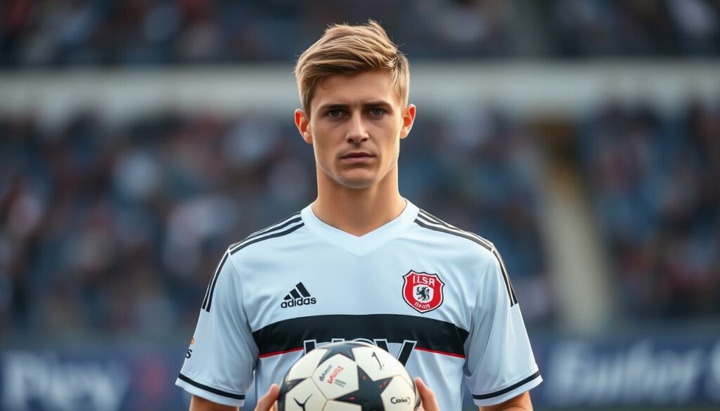 A portrait of Paul Wanner, a young German football player, standing on a pitch with a soccer ball at his feet. He is wearing his HSV (Hamburger SV) jersey, his gaze intense and focused, conveying his determination and passion for the game. The lighting is soft and natural, highlighting the details of his face and the textures of his uniform. The background is blurred, placing the emphasis on Wanner and his career trajectory. The scene evokes a sense of potential and the promise of a bright future in the world of professional football.