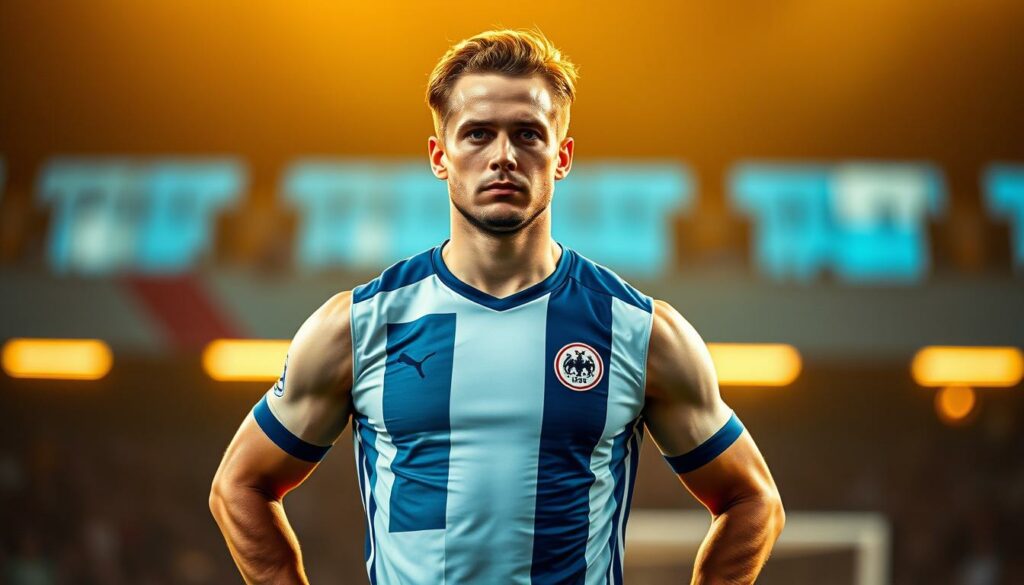 A portrait of Yussuf Poulsen, the new Hamburg SV striker, standing confidently on the Bundesliga pitch. He is dressed in the club's distinctive blue and white kit, his muscular frame and focused expression conveying a sense of power and determination. The scene is bathed in warm, golden lighting, creating a sense of drama and intensity. The background is blurred, drawing the viewer's attention to Poulsen's face and upper body, suggesting his importance as a key player for the team. The image captures the essence of a talented and dedicated footballer, ready to make his mark on the Bundesliga stage.
