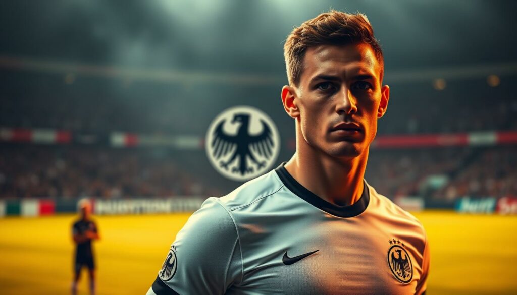 A professional German football player in the Nationalmannschaft, the national team, stands proudly in the foreground. He wears the iconic white and black uniform, his muscular physique evident. His expression is focused, eyes gazing intently, conveying the intensity and dedication of an elite athlete. In the middle ground, the iconic crest of the German national team stands out, a symbol of national pride. The background is hazy, suggesting a stadium or field, with faint spectators in the distance, creating a sense of anticipation and the thrill of the game. Warm, dramatic lighting casts dramatic shadows, heightening the drama and heroic nature of the scene. This image captures the essence of a German football star representing his country on the international stage.