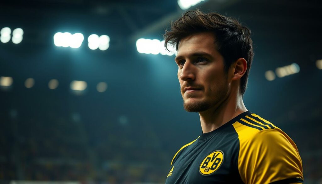 A professional, dignified portrait of Mats Hummels, the renowned German football player, captured in his final moments as he departs Borussia Dortmund. Set against a somber, dimly lit stadium backdrop, Hummels stands tall, his gaze pensive and contemplative, reflecting on his storied career. The image conveys a sense of bittersweet finality, the end of an era as the iconic defender bids farewell to the club he has served with distinction. Subtle highlights and muted tones evoke a melancholic mood, the atmosphere tinged with a sense of nostalgia and respect for Hummels' legacy as a World Cup-winning champion and beloved Dortmund icon.