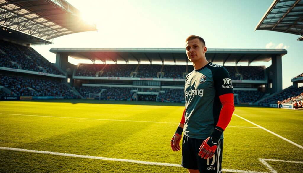 A professional goalkeeper in a Bundesliga uniform, standing tall on a manicured football pitch with a determined expression. The sunlight casts dramatic shadows, highlighting the player's athleticism and focus. In the background, the iconic Bundesliga stadium stands proudly, its grandstands filled with cheering fans. The scene captures the intensity and passion of a goalkeeper's career, from their early days in the youth academy to the pinnacle of German professional football.