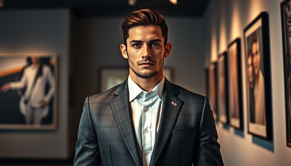 A professional portrait of Lucas Hernández, the Champions League-winning defender, standing tall in a crisp, tailored suit against a backdrop of a sleek, modern art gallery. Dramatic lighting casts a warm glow, highlighting his chiseled features and intense gaze. The composition emphasizes his confident, commanding presence, conveying the success and poise of a seasoned athlete transitioning to the next phase of his career. The setting and styling suggest a sense of sophistication and transition, hinting at the player's journey from Atlético Madrid to Bayern Munich and now to his current role.