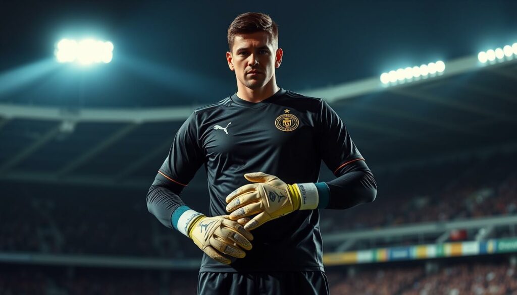A professional soccer goalkeeper, Daniel Heuer Fernandes, standing tall and commanding in his uniform, gloves, and cleats. Dramatic overhead lighting casts shadows across his determined expression, highlighting his focus and intensity. The background blurs into a muted, minimalist stadium setting, emphasizing the player as the central subject. The image conveys a sense of power, skill, and the high-pressure environment of professional football.