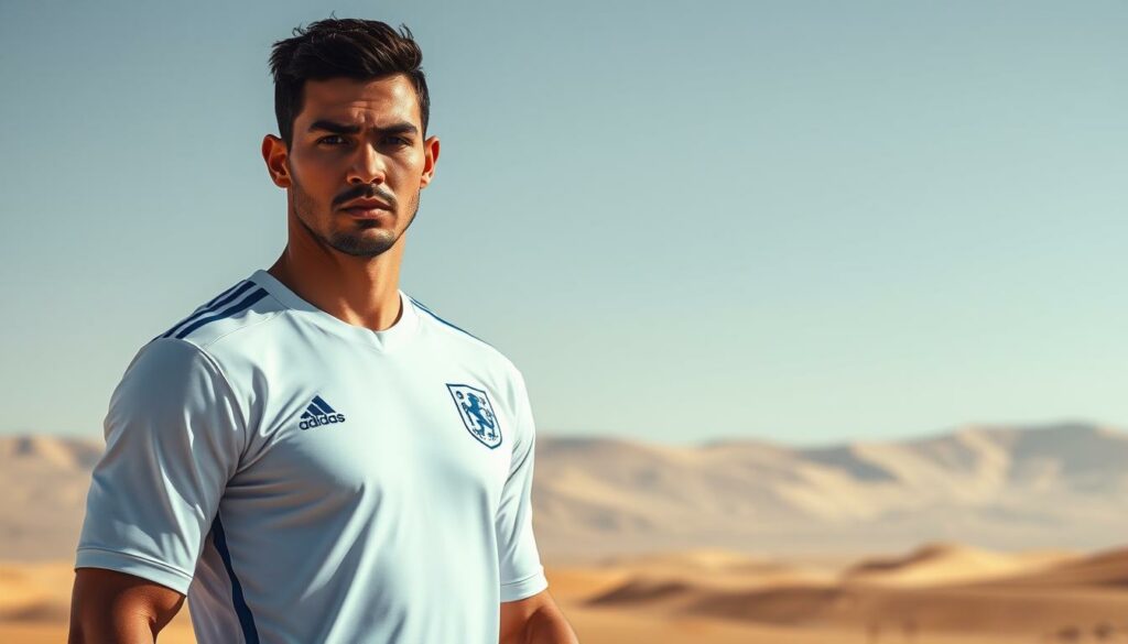 A professional soccer player in a white and blue uniform, Theo Hernández, stands proudly on a sun-drenched desert landscape. His intense gaze and muscular build convey determination as he prepares to begin a new chapter with his new club, Al-Hilal. The foreground is sharp and in focus, while the background features a vast, hazy expanse of sand dunes and a cloudless, azure sky. Dramatic lighting casts dramatic shadows, emphasizing Hernández's powerful physique and the grandeur of his new surroundings. The scene exudes a sense of anticipation and excitement for the player's next challenge.