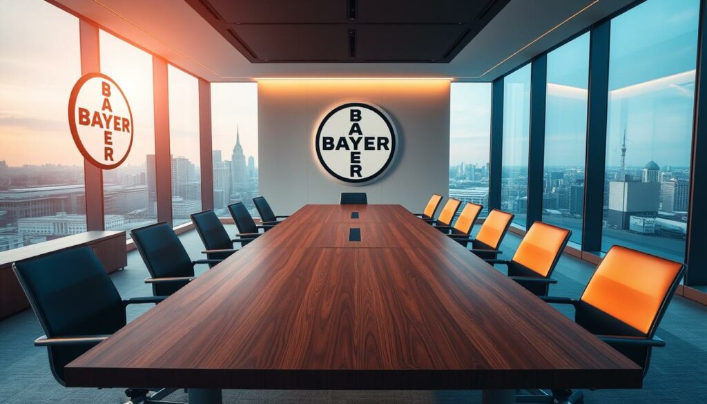 A sleek, modern office interior with a large, wooden conference table in the foreground. Bayer Leverkusen's iconic logo and colors are prominently displayed on the walls, conveying a sense of corporate identity and financial prowess. The lighting is warm and focused, casting a professional, serious atmosphere. In the background, a panoramic view of the city skyline can be seen through floor-to-ceiling windows, suggesting the global reach and financial considerations of the organization. The overall composition exudes an air of power, prestige, and strategic decision-making, befitting the financial aspects of Bayer Leverkusen's record-breaking transfer.