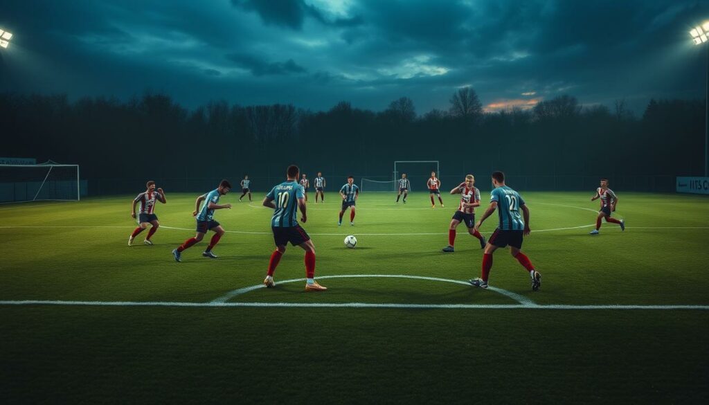 A soccer field in the twilight, with a tactically complex formation of players in HSV uniforms executing a sophisticated "Taktikwechsel" or tactical shift. The players move fluidly, their positioning and movement forming a dynamic, swirling pattern that suggests a "Konterfußball" or counterattacking style of play. The scene is bathed in a moody, atmospheric lighting, with deep shadows and highlights that emphasize the players' athleticism and determination. The camera angle is low, capturing the action from an immersive, on-the-pitch perspective that puts the viewer right in the middle of the intense tactical shift.