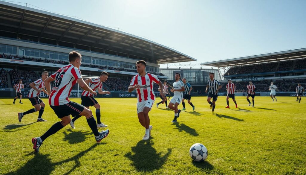 A soccer match between the Hamburg SV (HSV) and TSV Elstorf teams, played on a lush green pitch under a bright, sunny sky. The players, dressed in their respective team uniforms, are engaged in an intense yet disciplined game, their movements captured in a dynamic, action-packed scene. The camera angle showcases the players' skilled techniques, such as dribbling, passing, and tackling, creating a sense of immersion for the viewer. The background features a well-maintained stadium with modern grandstands, giving the impression of a professional-level match. The overall atmosphere conveys a sense of energy, competitiveness, and the pride of the local supporters cheering on their team.