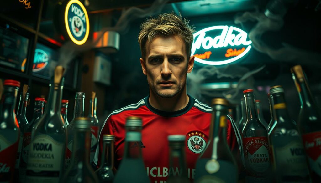A soccer player, Andreas Sassen, standing amidst a swirling haze of vodka bottles and beer cans, his expression one of anguish and despair. The background is a dimly lit bar, with a neon sign casting an eerie glow. The lighting is low and moody, creating a sense of melancholy and intoxication. The lens is slightly tilted, giving the image a disorienting, off-kilter feel. The atmosphere is heavy with the weight of addiction, the player's downfall a cautionary tale. The scene captures the essence of the "Vodka" nickname and its tragic significance in Sassen's life.
