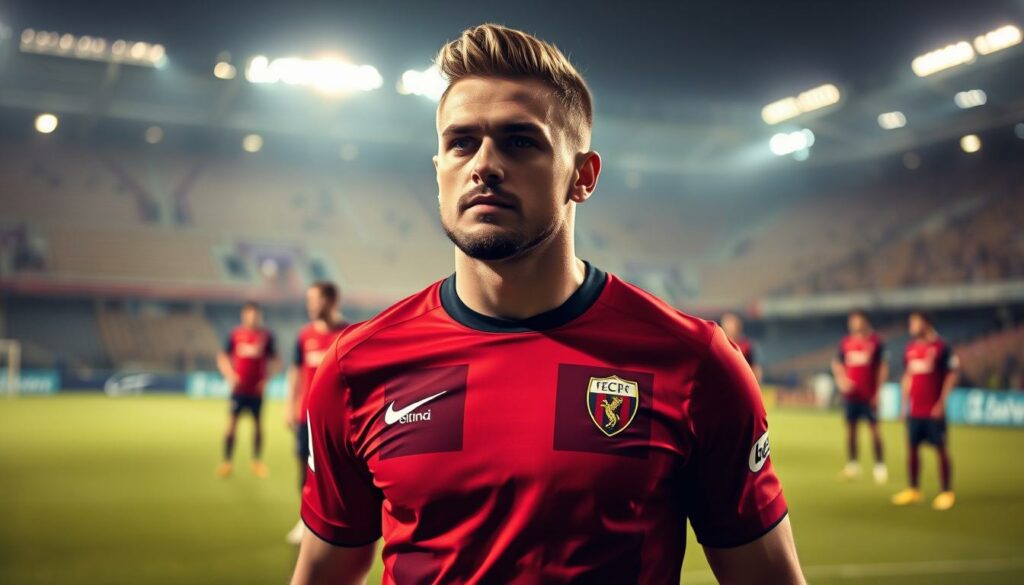 A soccer player, Ciro Immobile, standing confidently on a lush green pitch, his team's jersey adorning his muscular frame. The stadium lights cast a warm glow, illuminating his determined expression as he surveys the field, ready to take on his new role with the FC Bologna team. In the background, his teammates can be seen, each with their own unique skills and contributions, creating a cohesive unit. The image conveys a sense of anticipation and the promise of a successful season ahead, as Immobile integrates himself into the team's dynamic, ready to lead them to victory.