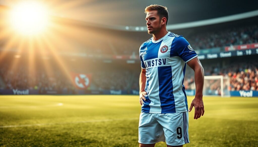 A soccer player wearing the iconic blue and white jersey of Hamburger SV, the renowned German football club. Standing tall and proud, their strong physique and determined expression convey a sense of unwavering dedication. The player's well-timed movements and precise ball control are showcased against a backdrop of a meticulously rendered soccer pitch, with the sun's golden rays illuminating the scene. The image captures the essence of a skilled and versatile "Offensivspieler" (offensive player) who possesses the qualities that make them an invaluable asset to the HSV team, as described in the article.