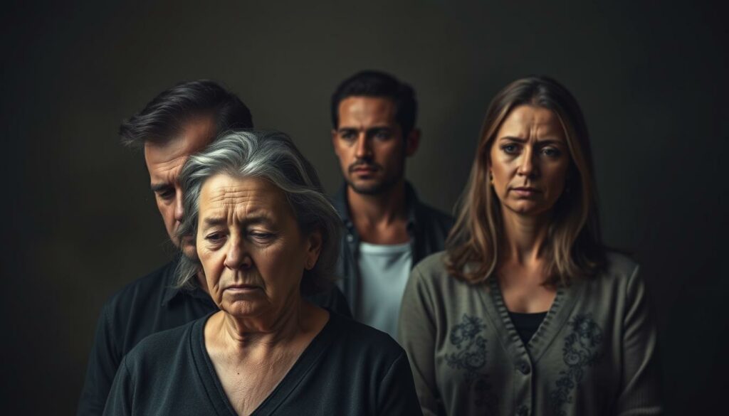 A somber family portrait set against a muted, shadowy backdrop. In the foreground, a middle-aged man with a pensive expression stands alongside a woman of similar age, her eyes downcast. Behind them, two younger figures - a man and a woman - appear lost in contemplation, their body language conveying a sense of melancholy. The lighting is soft and diffused, creating a palpable atmosphere of grief and introspection. The overall composition suggests a family burdened by the weight of unexpected tragedies, their once-vibrant lives now tinged with the pain of loss and hardship.