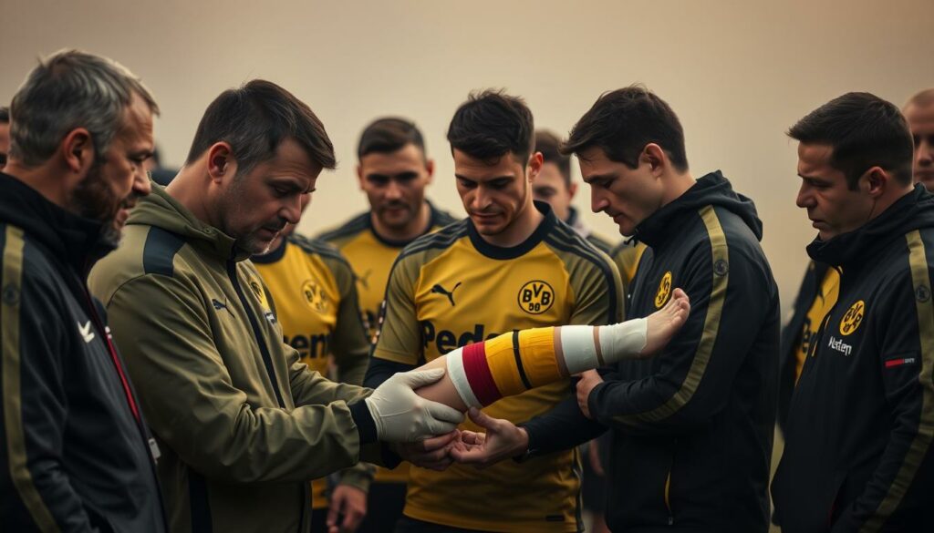 A somber gathering of Borussia Dortmund players and staff, expressions etched with concern, as they react to the news of a player's injury. In the foreground, the team's medical team examines the affected limb, their faces reflecting the gravity of the situation. In the middle ground, teammates gather around, offering support and solidarity, their body language conveying a sense of empathy and unity. The background is hazy, drawing the viewer's focus to the central figures, the mood subdued and pensive, as the club grapples with the implications of this setback. Warm, yet muted lighting casts a contemplative atmosphere, underscoring the weight of the moment.
