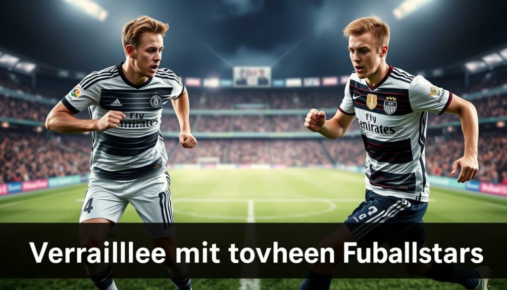 A striking comparison between two iconic German soccer stars, Mario Götze and Marco Reus, set against a dramatic backdrop. The players are depicted in motion, their dynamic poses and expressions conveying their competitive spirit and skill on the field. Subtle lighting highlights the players' athleticism, while a blurred, impressionistic stadium scene in the background suggests the high-intensity atmosphere of a professional match. The image aims to capture the essence of the "Vergleiche mit anderen Fußballstars" section, showcasing the talents and rivalry between these two celebrated players.