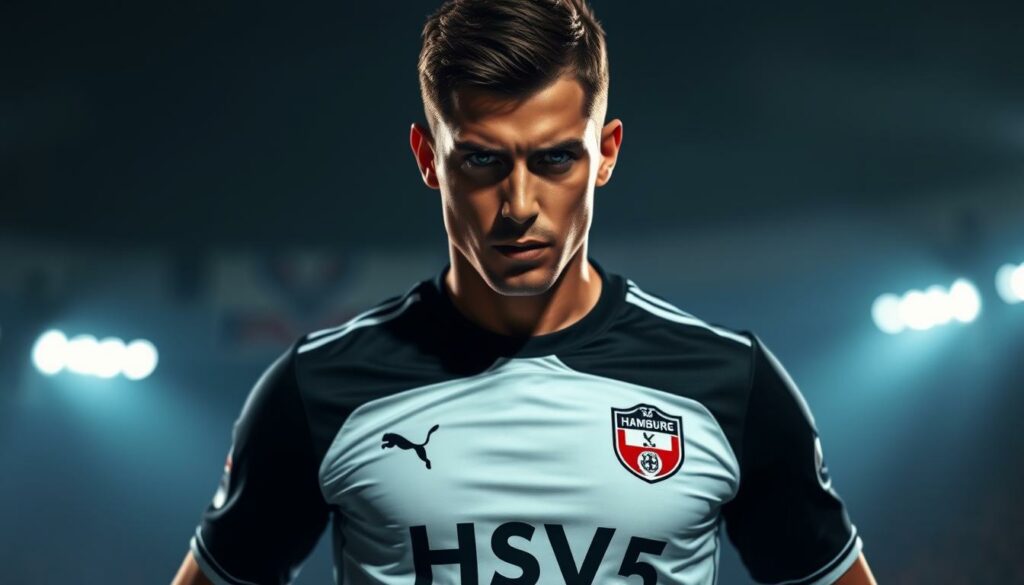 A striking portrait of a soccer player in a Hamburger SV (HSV) jersey, standing with a determined expression, ready to make a decisive move. The player's face is illuminated by dramatic lighting, casting shadows that accentuate their features. The jersey is rendered in vivid detail, the club's iconic emblem prominent on the chest. The background is a blurred, dynamic scene, suggesting the intensity and energy of the moment. The composition is balanced, with the player's gaze drawing the viewer's attention to the center of the frame. The overall atmosphere conveys a sense of anticipation and the possibility of a critical change or transition within the team.