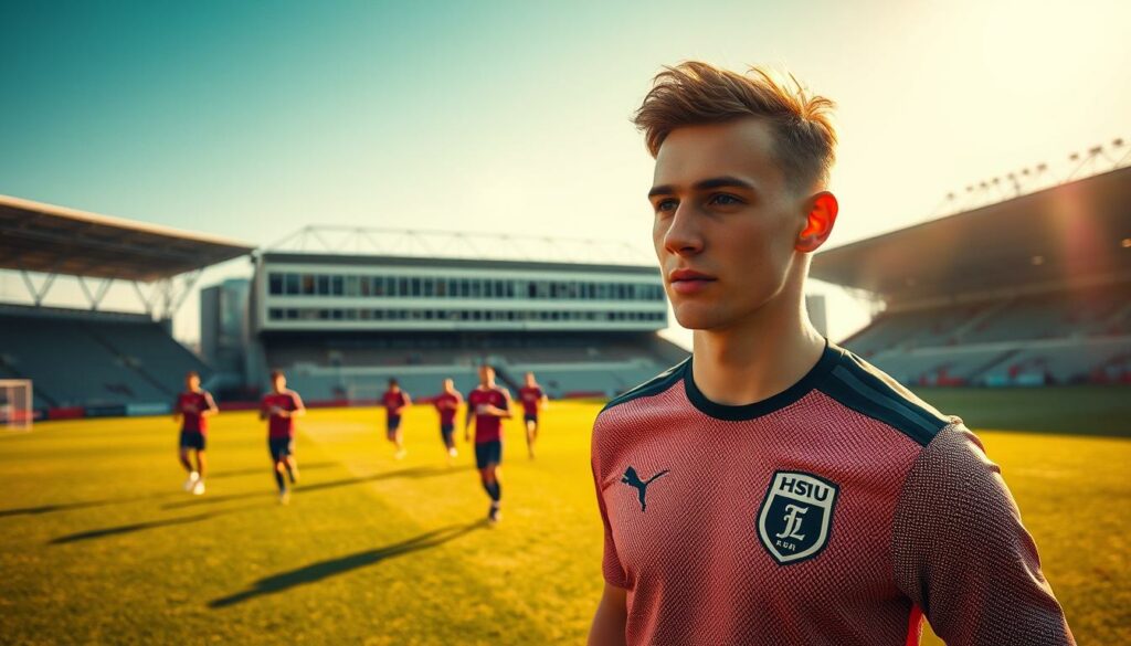 A sun-drenched pitch in Copenhagen, the air crisp with the promise of a new season. In the foreground, Merlin Polzin, the young HSV midfielder, takes to the field, his expression focused and determined. The lighting is warm and golden, capturing the essence of an early autumn day. The camera angle is slightly elevated, offering a panoramic view of the training session, with teammates in the middle ground running drills and the iconic Parken Stadium looming in the background. This image conveys a sense of renewal and optimism, as the Hamburg club embarks on a fresh chapter, their sights set on reclaiming past glories.