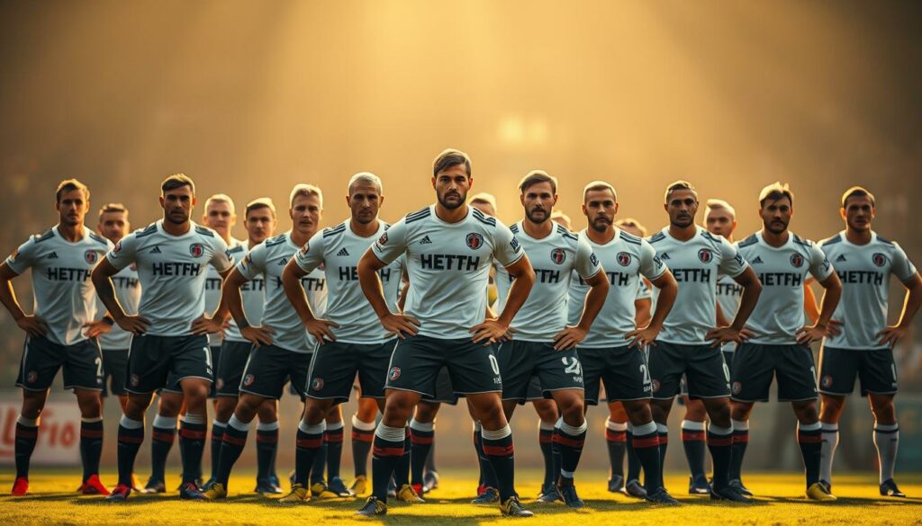 A tightly-knit defensive line of Hamburg SV football players, positioned in a solid formation with determination etched on their faces. The center-backs stand resolute, their bodies braced and ready to intercept any incoming attacks. Flanked by agile, alert full-backs, they create a cohesive, impenetrable barrier. Bathed in a warm, golden light that accentuates their muscular physiques, the players' every movement radiates focus and discipline as they coordinate their positioning and anticipate the opposition's next move. The scene conveys the strength, unity and tactical awareness that defines the Hamburg SV defense, ready to lead their team to victory.
