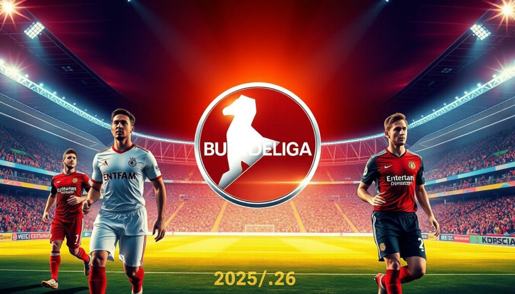A vibrant and dynamic illustration of the Bundesliga's goals and aspirations for the 2025/26 season. In the foreground, a trio of soccer players in their respective team uniforms stride purposefully towards the viewer, their expressions determined and focused. The middle ground showcases a meticulously rendered Bundesliga logo, its distinctive hexagonal shape gleaming under warm, dramatic lighting. In the background, a sweeping panorama of a modern, state-of-the-art soccer stadium unfolds, with the stands filled with passionate fans and the field bathed in a rich, saturated color palette. The overall scene conveys a sense of excitement, ambition, and the relentless drive to achieve the lofty goals and expectations of the Bundesliga in the coming season.