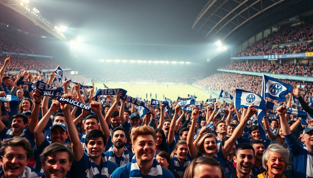 A vibrant crowd of HSV fans, their faces alight with joy and unity, as they don the iconic blue and white colors of their beloved team. In the foreground, a sea of scarves and banners wave passionately, capturing the unwavering spirit that binds this community. The mid-ground features a dynamic, well-lit stadium scene, the players' silhouettes barely visible amidst the electric atmosphere. In the background, a sense of timelessness and tradition is evoked through a muted, nostalgic color palette, hinting at the deep-rooted history and emotional connection that the fans share with their club. The overall composition conveys the palpable energy, camaraderie, and sheer intensity of the fan experience, reflecting the profound significance of the team's new jersey as a symbol of unity and pride.