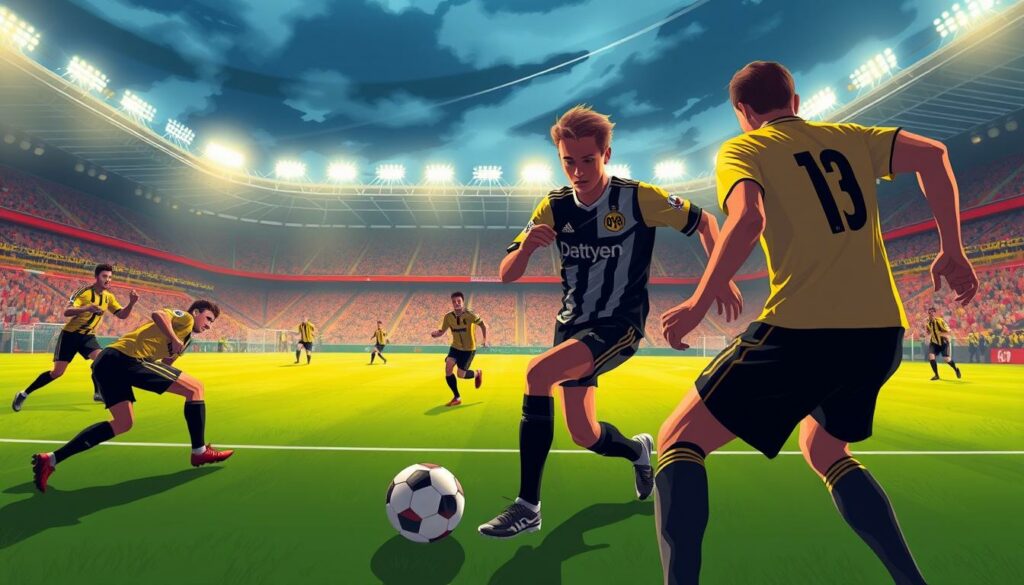 A vibrant illustration of potential solutions for Borussia Dortmund's wing position crisis. In the foreground, a dynamic midfielder orchestrates play, weaving through a maze of defenders. In the middle ground, a young winger bursts forward, ball at their feet, eyes scanning for the decisive pass. The background depicts the iconic Westfalenstadion, its towering stands and floodlights casting a dramatic atmosphere. Soft, warm lighting illuminates the scene, conveying a sense of determination and opportunity. Captured with a wide-angle lens to emphasize the scale and scope of the solutions at hand, this image captures the essence of Borussia Dortmund's quest to overcome their personnel challenges on the flanks.