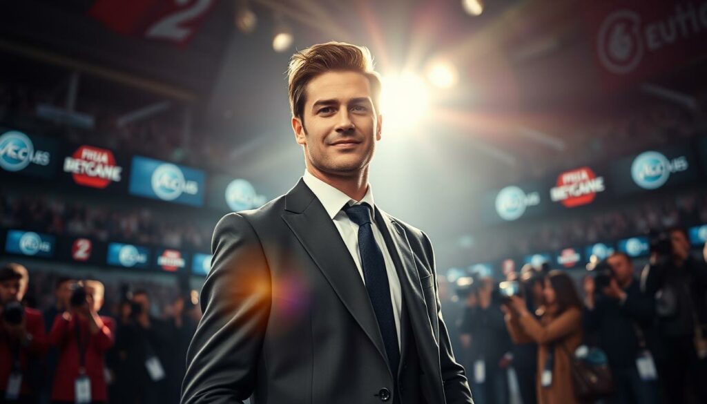 A well-known German football star standing confidently in the spotlight, the flash of cameras capturing his every move. Dressed in a sharp suit, he commands attention with his charismatic presence. The background is a blur of media logos and paparazzi, emphasizing the intense media scrutiny he faces. Dramatic lighting casts dramatic shadows, highlighting the pressure and demands of his high-profile lifestyle. The overall mood is one of power, fame, and the double-edged sword of being a public figure. Captured with a wide-angle lens to convey the scale and magnitude of his media presence.