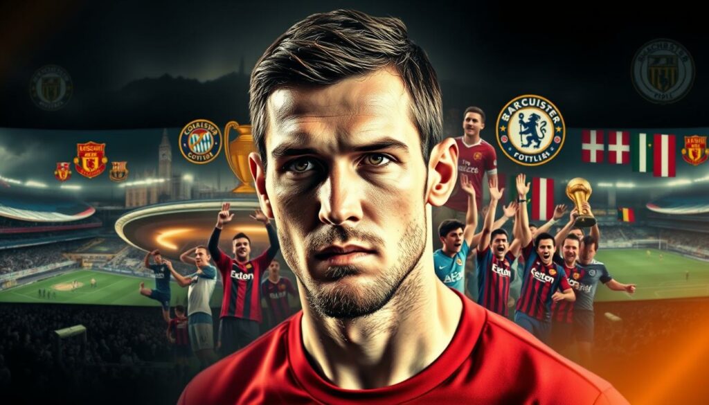 A wide, panoramic image depicting the highlights and career milestones of Edin Dzeko's football journey. In the foreground, a detailed portrait of Dzeko in his prime, with intense focus in his gaze and the jerseys of his previous clubs subtly visible in the background. The middle ground showcases key moments from his career - scoring goals, lifting trophies, and celebrating with teammates. The background features a collage of iconic stadiums, city skylines, and national team crests, creating a sense of the global reach and significance of Dzeko's career. The lighting is warm and cinematic, casting a nostalgic glow over the scene. The composition strikes a balance between realism and artistic interpretation, capturing the essence of Dzeko's remarkable journey in the world of professional football.