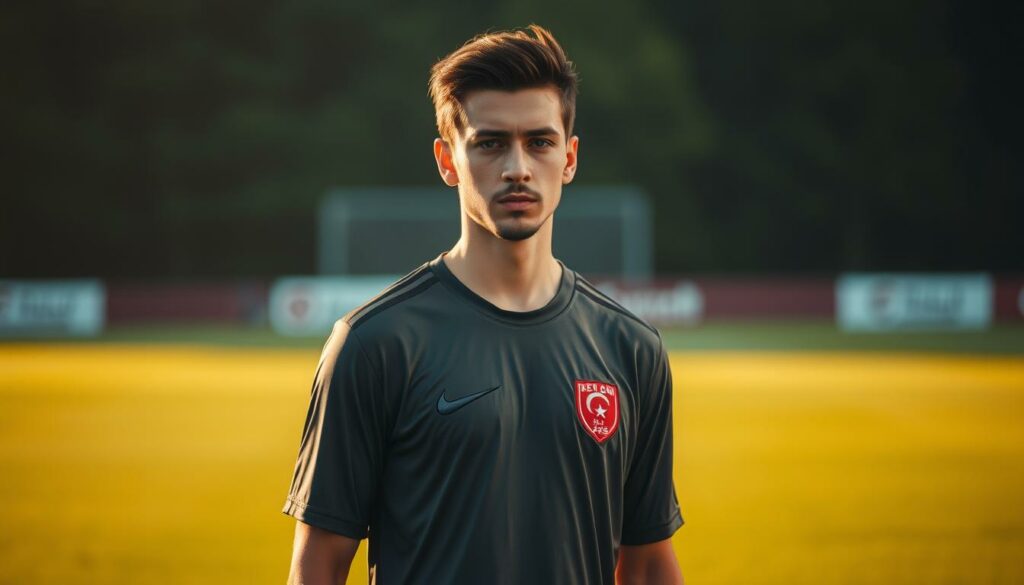 A young, talented Turkish footballer stands on a lush, verdant pitch, his eyes narrowed in focus. Arda Güler, the so-called "Turkish Toni Kroos," takes on a new role as a playmaker, his lithe frame and nimble footwork guiding the ball with precision. The lighting is soft and warm, casting a golden glow over the scene, capturing the player's poise and concentration. The background fades into a hazy blur, drawing the viewer's attention to Güler's tactical positioning and orchestration of the game. This image embodies the transition from Güler's previous role as an all-around offensive force to his new position as a metronome-like Spielmacher, the heartbeat of his team's play.