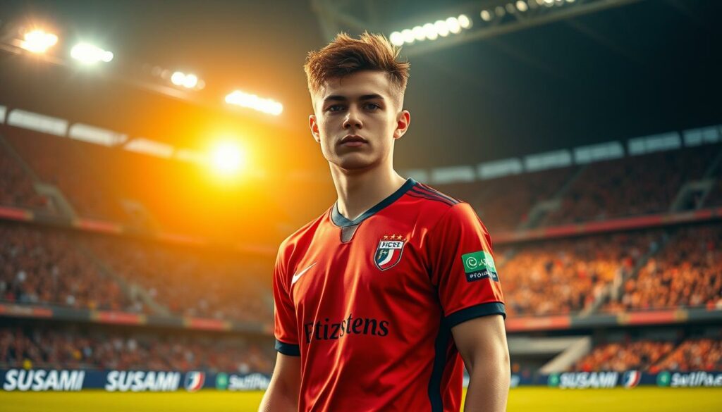 A young, talented football player, Deniz Zeitler, stands confidently on the pitch in his FC Ingolstadt jersey. The stadium lights cast a warm, golden glow, highlighting the determination in his eyes. In the background, the stadium's stands are filled with cheering fans, their jerseys a sea of the club's colors. The image captures Zeitler's potential, poised for greatness as he takes his place on the field, ready to lead his team to victory.