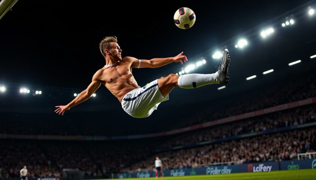 Ciro Immobile, the Italian football striker, in a dynamic, action-packed pose, showcasing his goal-scoring prowess. Set against a dimly lit stadium backdrop, with the crowd's silhouettes in the distance, the image captures the intensity and energy of Immobile's career highlights. Dramatic lighting illuminates his muscular physique as he leaps to strike the ball, his expression one of fierce determination. The camera angle is low, emphasizing the power and athleticism of the player. The image conveys the excitement and drama of Immobile's most memorable moments on the pitch, perfectly illustrating the "Ciro Immobile Bologna: Karriere-Highlights des Stürmer-Stars" section of the article.