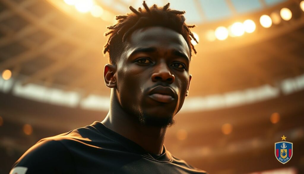 Dramatic portrait of KAA Gent's rising star player, Jordan Torunarigha, showcasing his leadership and development on the pitch. Crisp, high-resolution image captured from a low angle, emphasizing his towering presence and commanding stance. Warm, golden lighting illuminates his determined expression, creating an aura of confidence and responsibility. The background is a blurred, abstract representation of the team's stadium, hinting at the grand stage on which he performs. Subtle hints of the team's colors and crest appear in the periphery, grounding the image in the club's identity. An impactful visual that captures Torunarigha's growth into a defensive leader.