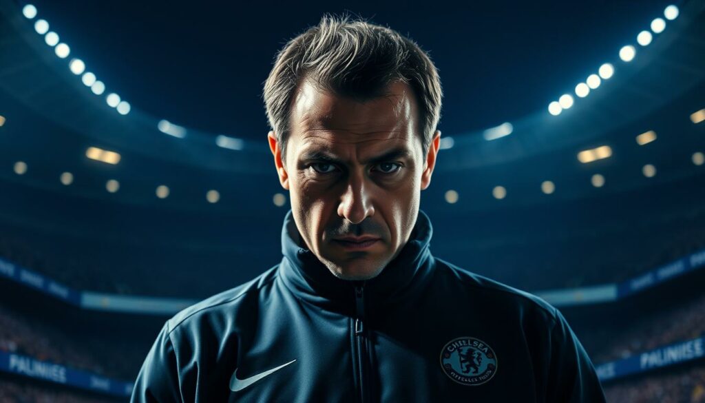 Enzo Maresca, the Chelsea trainer, stands in the center of the frame, his expression tense and determined. The lighting is dramatic, casting deep shadows across his face, evoking a sense of pressure and intensity. In the background, the Chelsea stadium looms, its grandstand filled with spectators, reflecting the high-stakes environment in which Maresca operates. The composition emphasizes Maresca's central role, with the camera angled slightly upwards to create a sense of authority and command. The lens is sharply focused on his face, drawing the viewer's attention to his intense gaze and the weight of his responsibilities. The overall mood is one of a charged, high-pressure situation, where Maresca's decisions and actions will have a significant impact on the team's performance and the club's fortunes. The image aims to capture the essence of the "Trainer unter Druck" section, conveying the challenges and scrutiny that Maresca faces in his role as Chelsea's head coach.