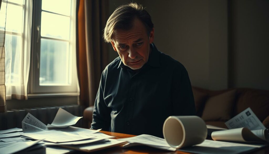 Köbi Kuhn, once a revered Swiss football icon, stands in a dimly lit room, his face etched with despair. The once-proud man is surrounded by scattered financial documents, bills, and an overturned coffee mug, suggesting a life in disarray. Sunlight filters through tattered curtains, casting a somber, moody atmosphere. The depth of field is shallow, focusing the viewer's attention on Kuhn's weary expression, the creases in his brow, and the burden of his failed financial ventures. The scene evokes a sense of a once-thriving career and public persona now reduced to a state of personal and financial ruin, a tragic fall from grace of a beloved national icon.