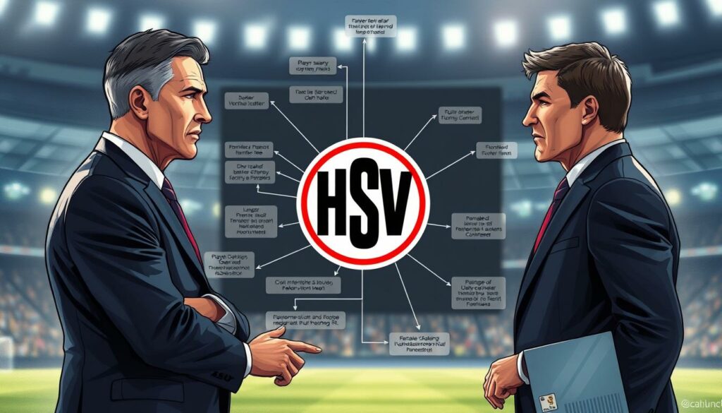 Prompt A detailed and realistic illustration depicting the financial complexities involved in a soccer player transfer negotiation. The foreground shows two suited business executives engaged in a tense discussion, surrounded by a dynamic flow chart visualizing the intricate web of factors like player salary, transfer fee, and contractual obligations. The middle ground features a large, stylized HSV (Hamburger SV) logo, representing the club's financial interests. The background is a blurred cityscape, hinting at the high-stakes commercial environment. The lighting is dramatic, with strategic shadows and highlights to convey a sense of gravity and high-pressure decision-making. The overall tone is one of strategic deliberation, with a color palette of muted grays, blues, and reds to evoke the financial world.