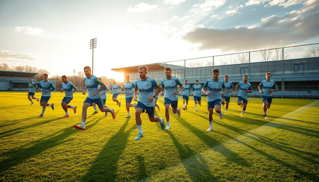 Prompt A high-intensity training session of the Hamburger SV football team in preparation for the upcoming Bundesliga season. The players move with focus and determination on a lush, verdant pitch under a warm, golden-hour sky. Dynamic camera angles capture the players' athleticism as they sprint, pass, and work together as a cohesive unit. The team's iconic blue and white jerseys stand out against the backdrop of the modern training facilities. An atmosphere of anticipation and strategic planning permeates the scene, hinting at the challenges and opportunities that lie ahead for the club and its dedicated supporters.