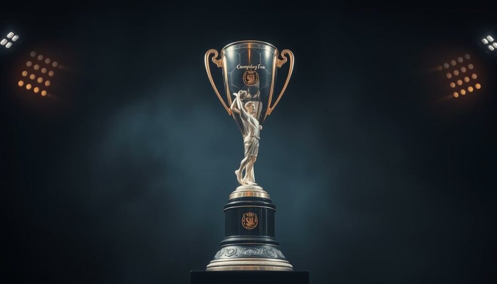 Versteigerung Torschützenkanone: a grand, imposing trophy statue standing tall, its metallic form gleaming under dramatic studio lighting. The sculpted figure, depicting a soccer player kicking a ball, conveys a sense of power and athletic prowess. The trophy's base is adorned with intricate details, hinting at the prestigious accomplishments it represents. Set against a muted, shadowy background, the centerpiece commands attention, evoking the drama and triumph of a successful football career. The scene exudes a palpable air of celebration and commemoration, capturing the essence of a celebrated player's legacy.