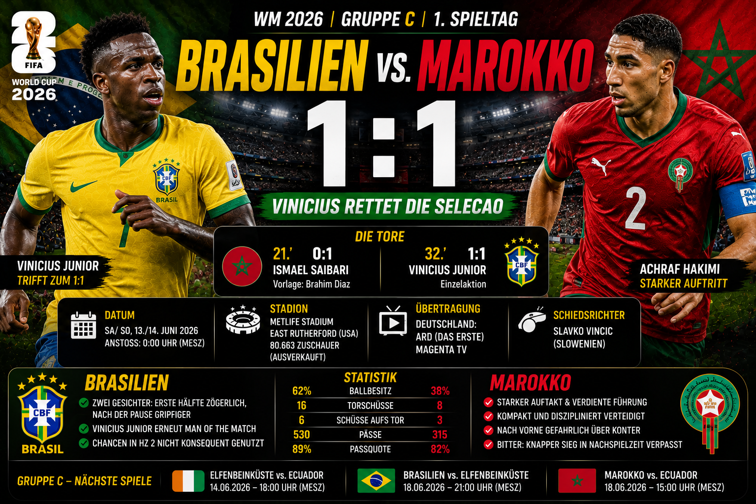 Brasilien Marokko 1:1: Vinicius rettet die Selecao