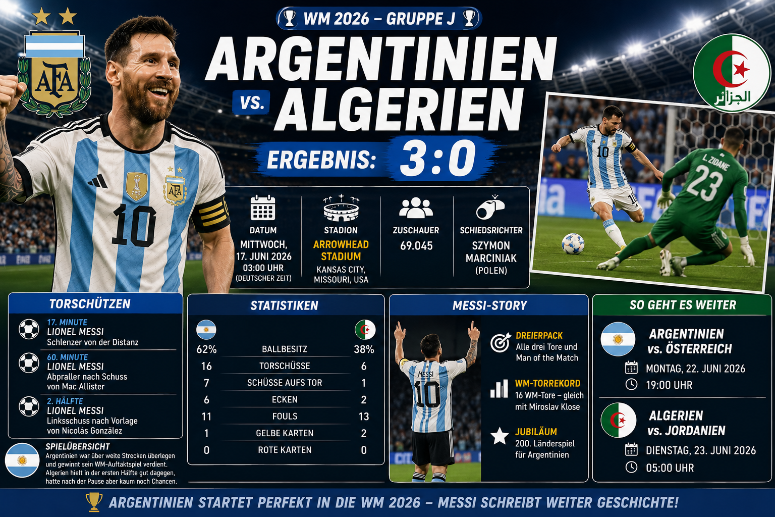 Argentinien Algerien Ergebnis: 3:0 dank Messi-Dreierpack