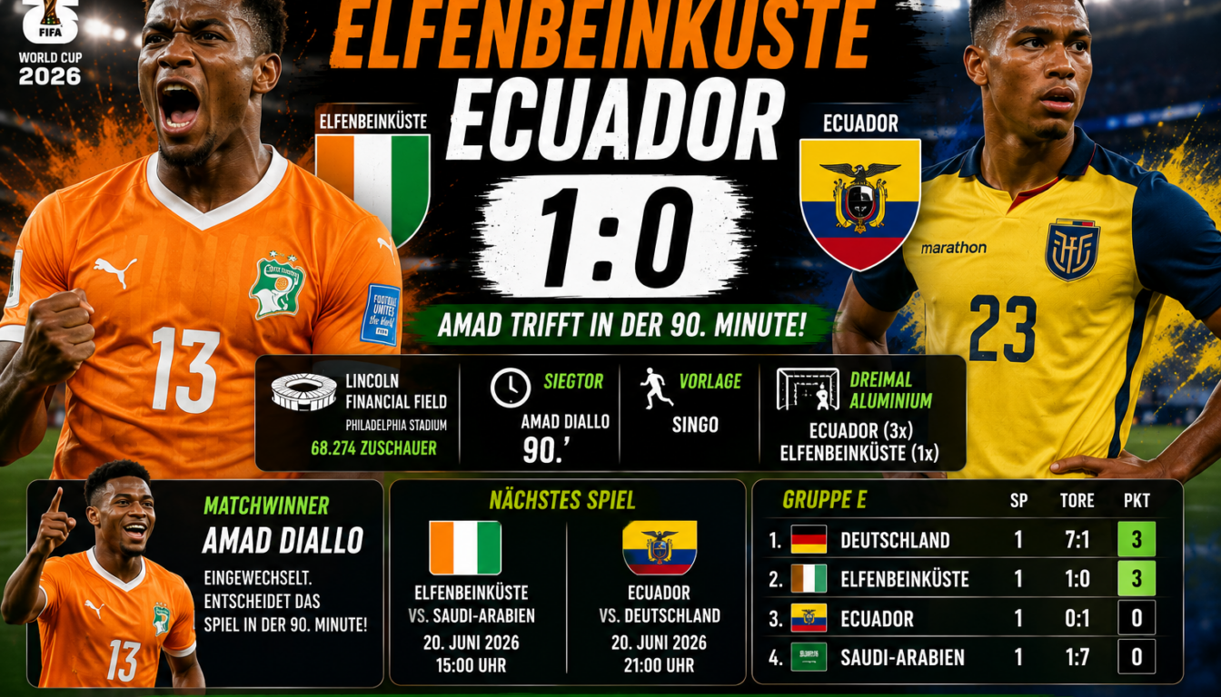 Elfenbeinküste Ecuador Ergebnis: 1:0 durch späten Amad-Joker