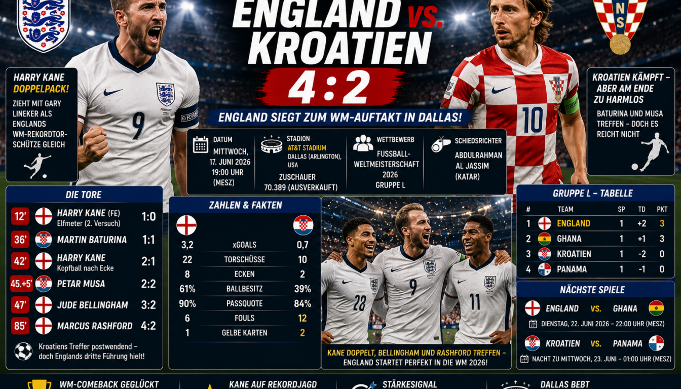 England Kroatien Ergebnis 4:2: WM-Auftakt 2026