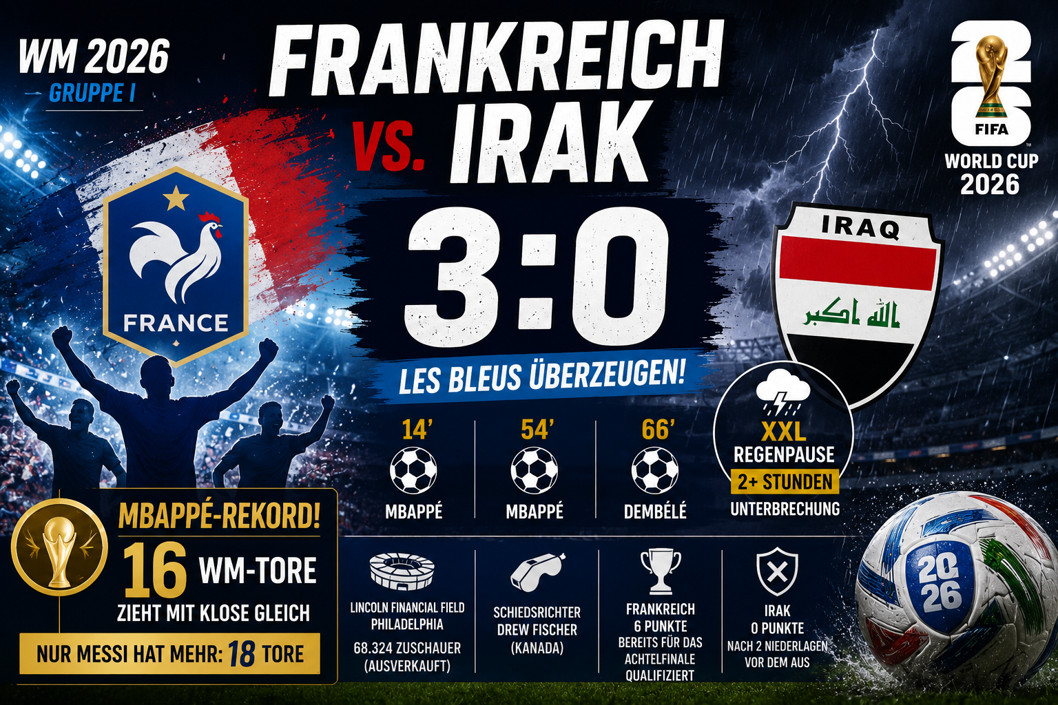 Frankreich Irak Ergebnis: 3:0, Mbappé-Doppelpack