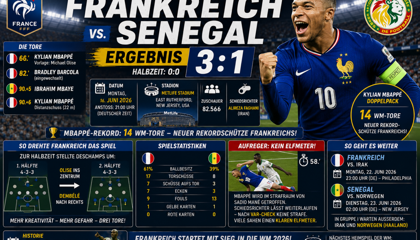 Frankreich Senegal Ergebnis: 3:1 – Mbappé-Doppelpack