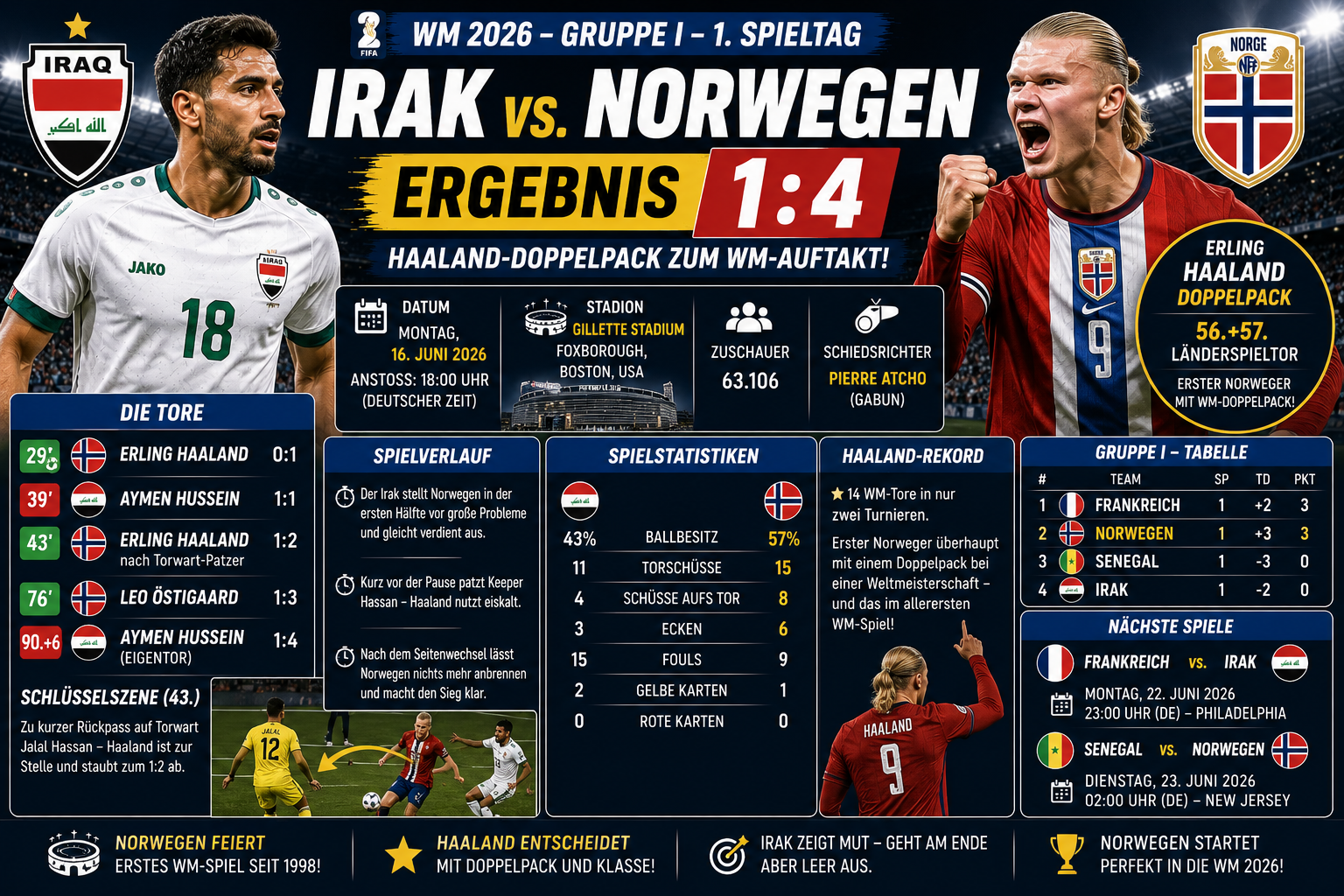 Irak Norwegen Ergebnis: 1:4 – Haaland-Doppelpack