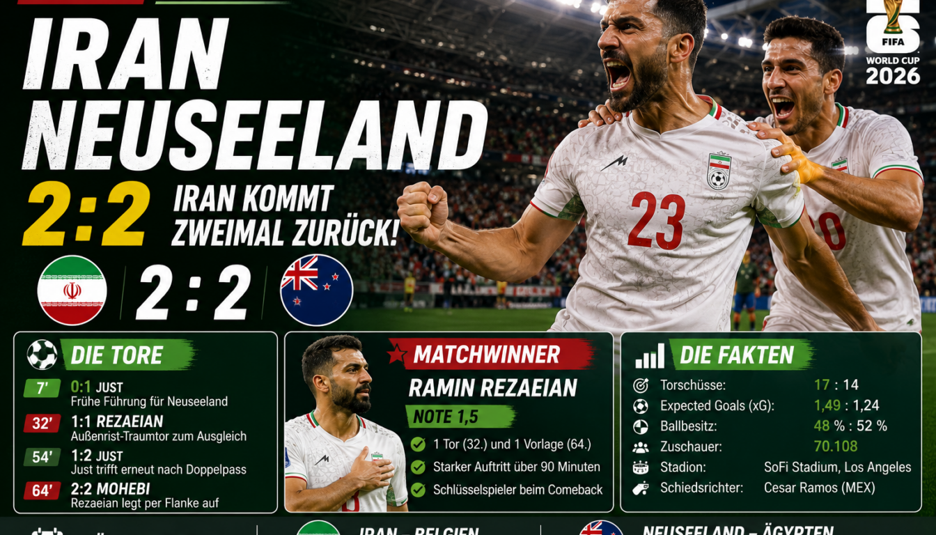 Iran Neuseeland Ergebnis: 2:2 dank Rezaeian