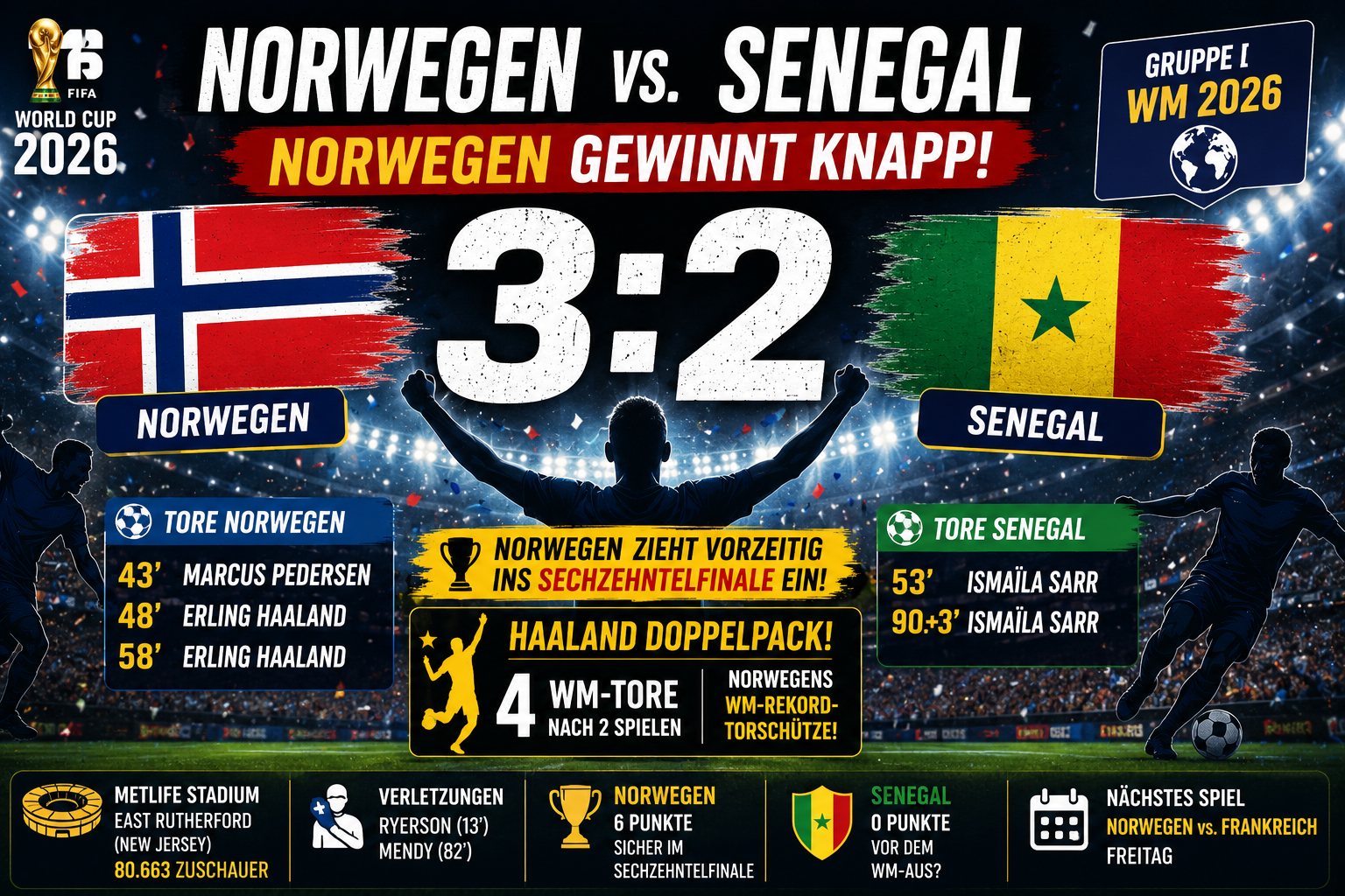 Norwegen Senegal Ergebnis: 3:2, Haaland-Doppelpack
