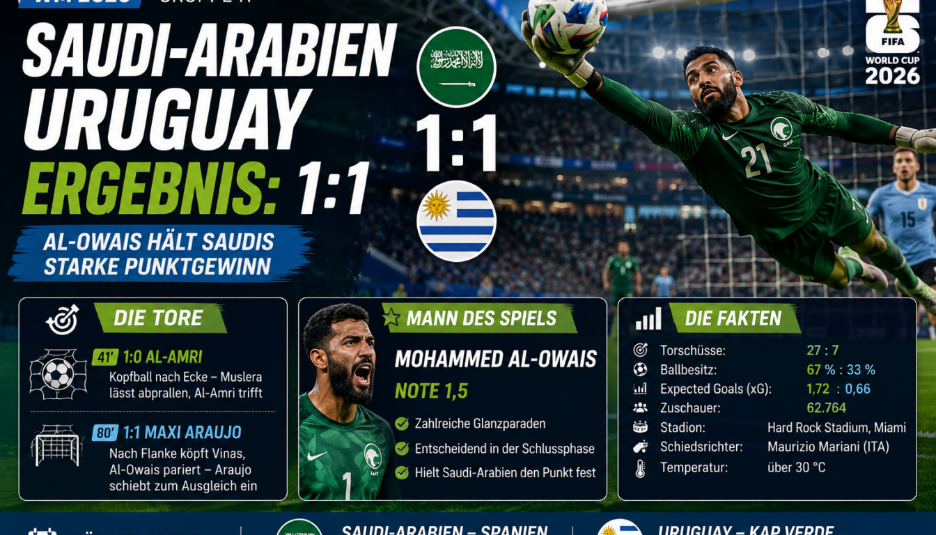 Saudi-Arabien Uruguay Ergebnis: 1:1 dank Al-Owais