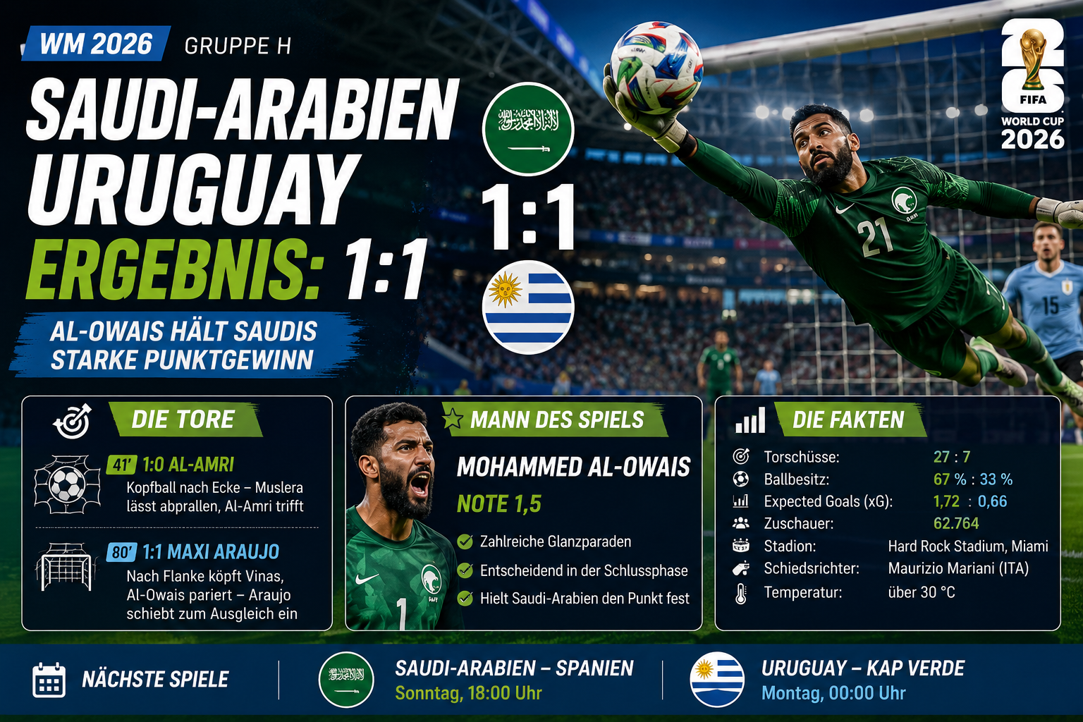 Saudi-Arabien Uruguay Ergebnis: 1:1 dank Al-Owais