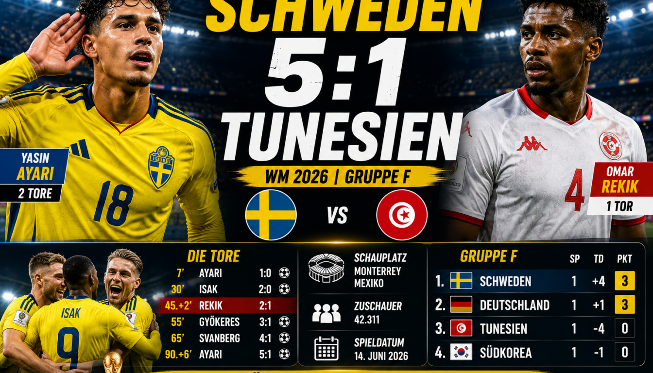 Schweden Tunesien Ergebnis: 5:1 – Ayari-Doppelpack zum Auftakt