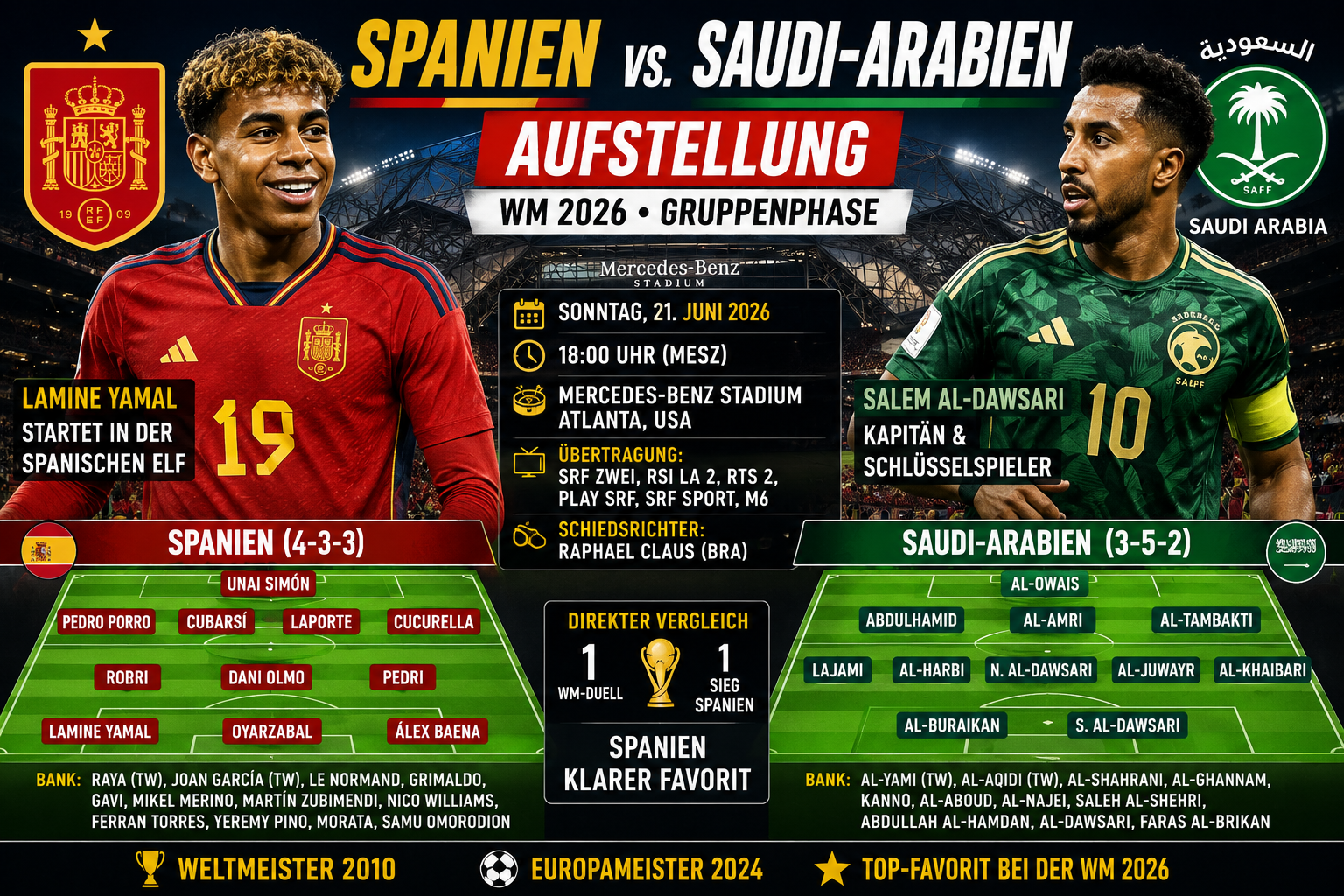 Spanien Saudi-Arabien Aufstellung: WM-Spiel in Atlanta