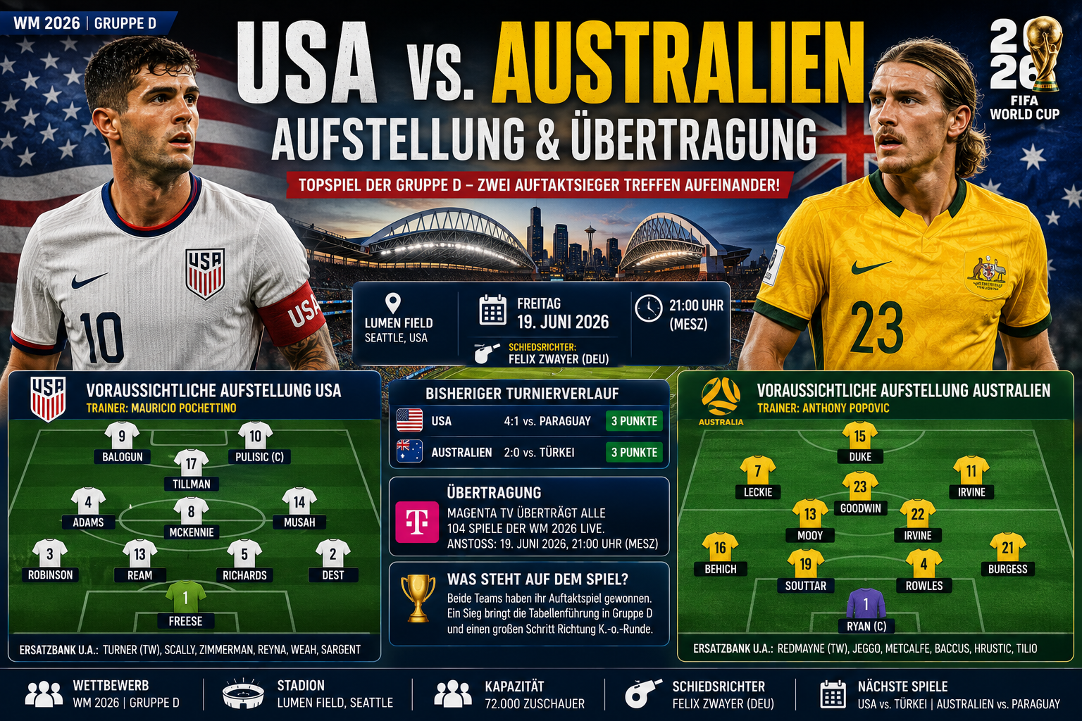 USA – Australien: Aufstellung & Übertragung WM 2026