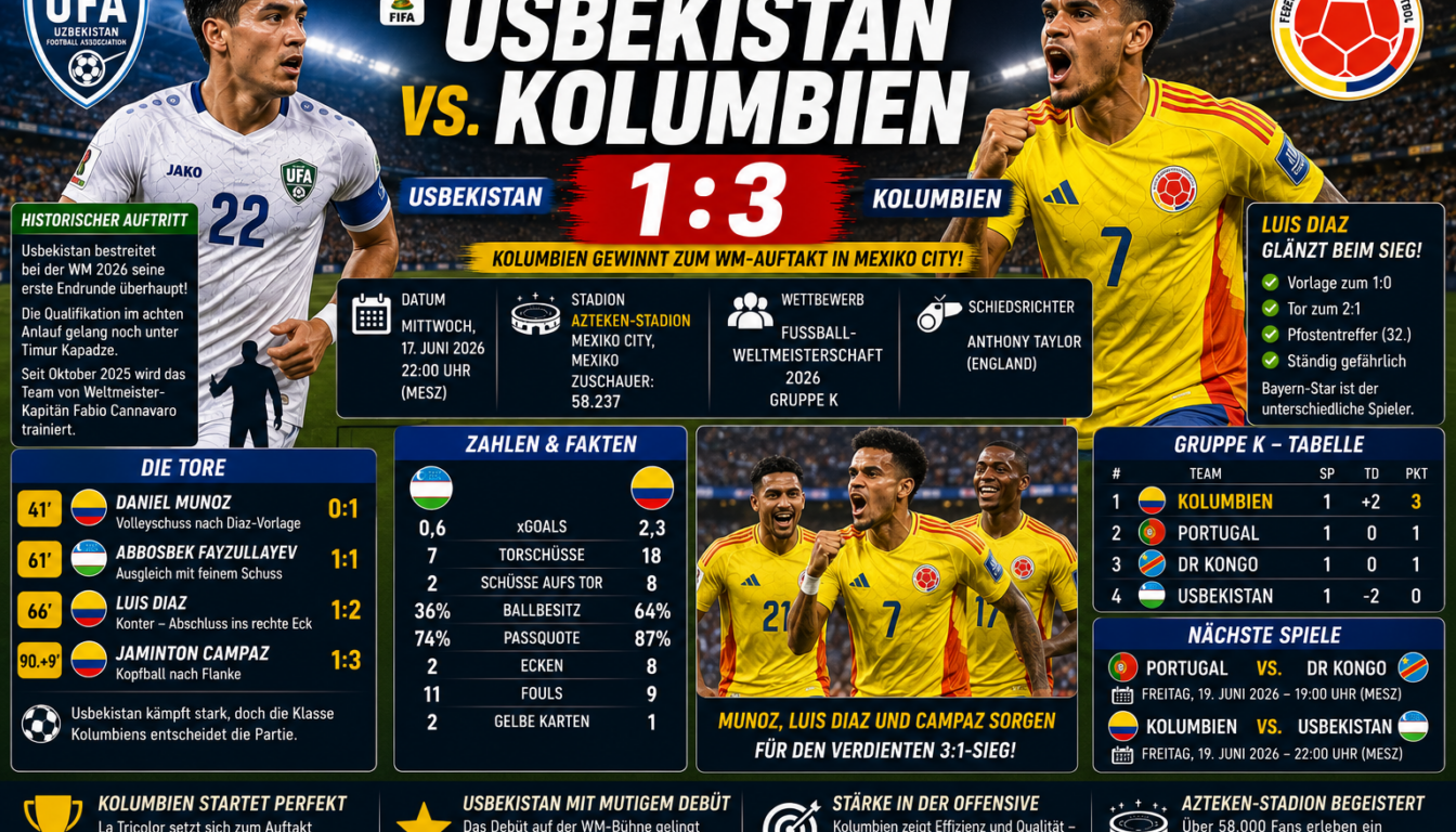 Usbekistan Kolumbien Ergebnis 1:3: WM 2026