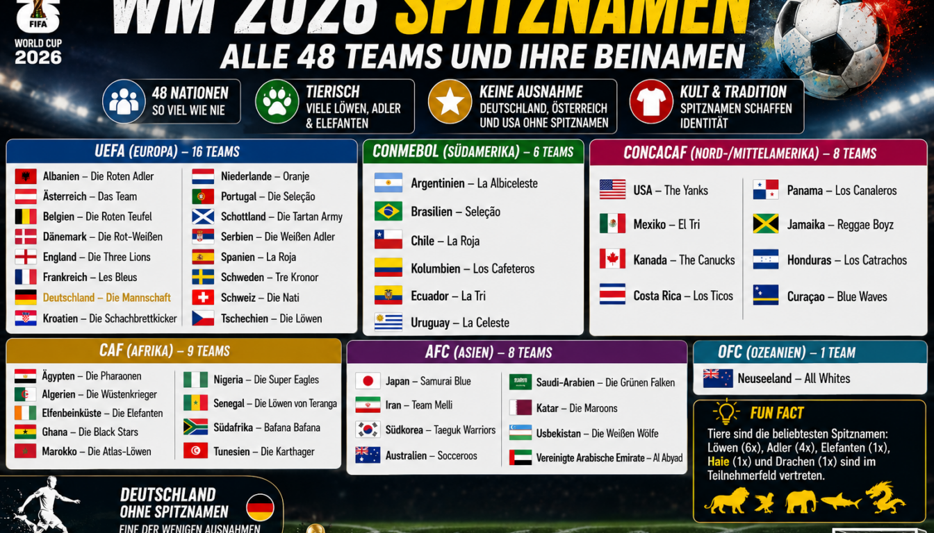 WM 2026 Spitznamen: Alle 48 Teams und ihre Beinamen